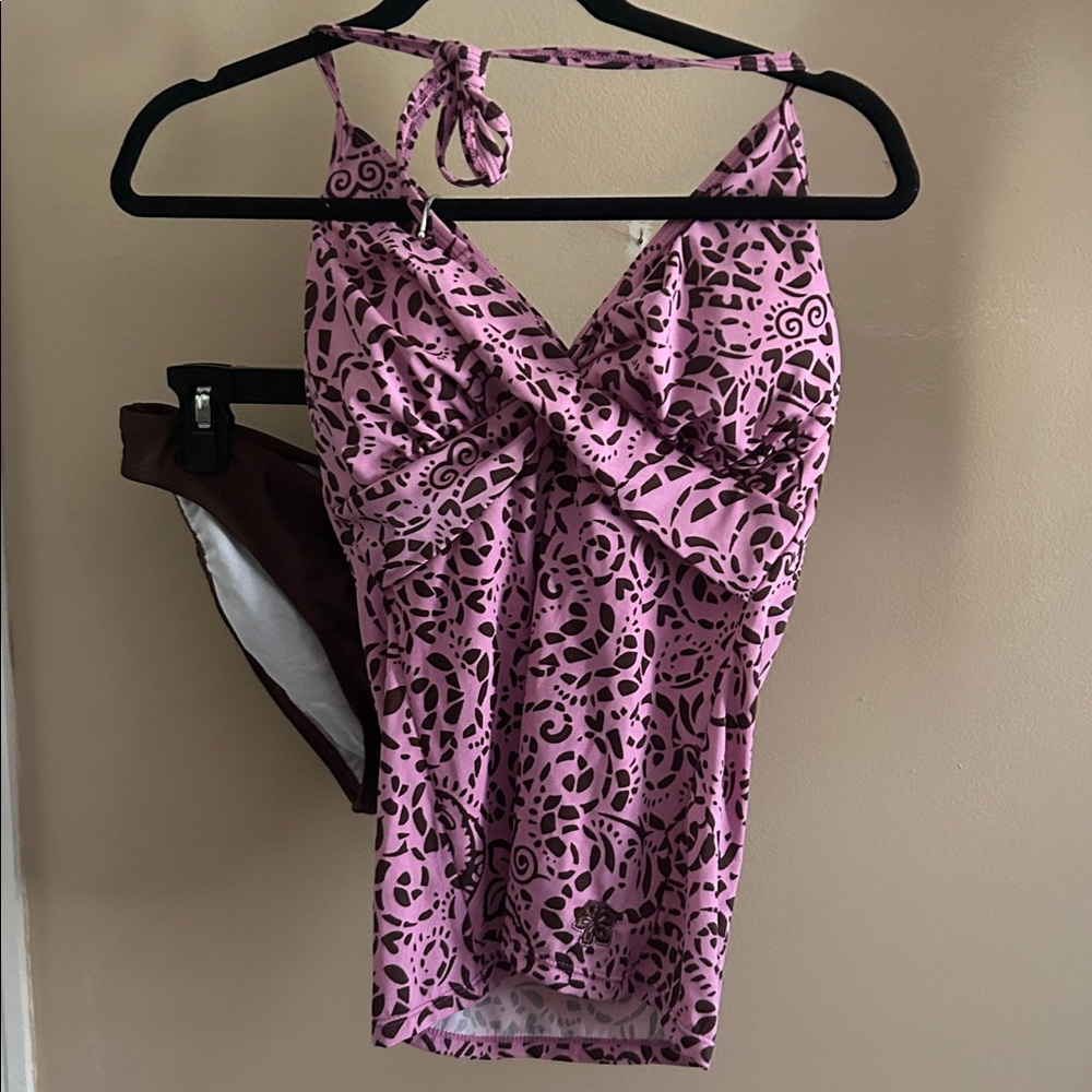 Hapari Tank Bikini and Skirt Pink and Brown Patterned Swimsuit